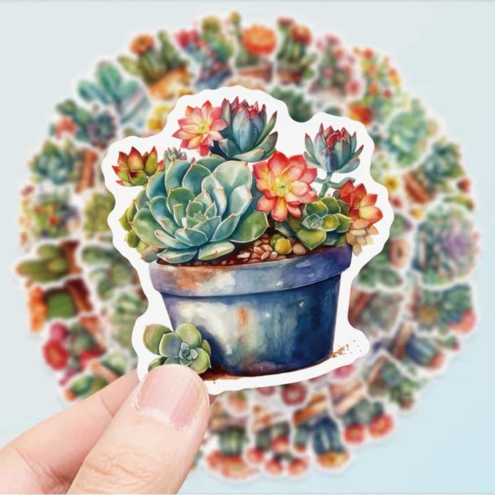 50 Succulents in Pots Stickers Colorful Cactus Desert Plants Floral Home